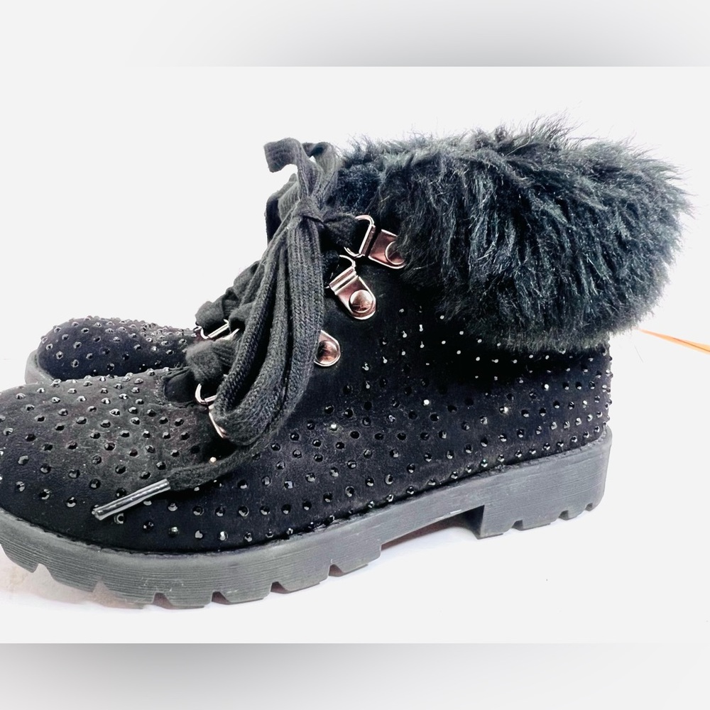 Justice Girls Black Faux Fur Studded Ankle Boots Size 3 Combat Style - Picture 5 of 8